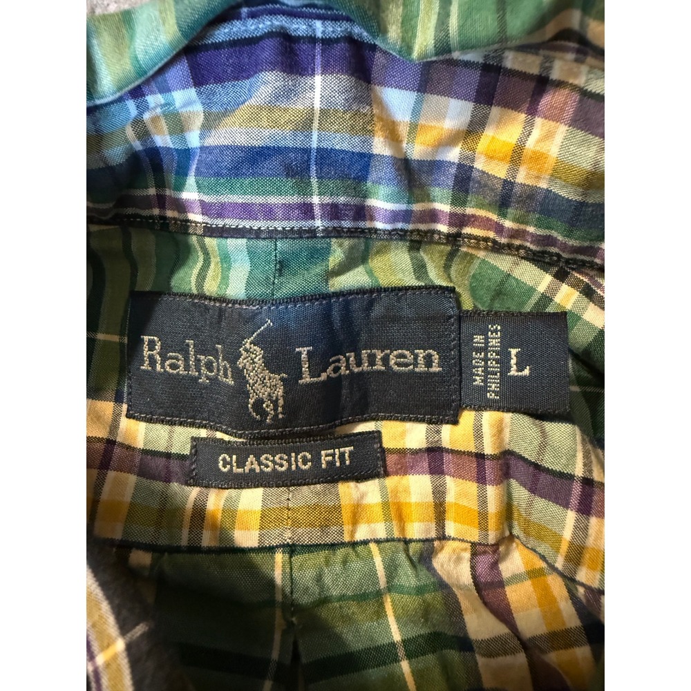 VTG Ralph Lauren Men L Classic Fit Plaid Button Down Shirt Green Preppy Pony 90s - Picture 5 of 8